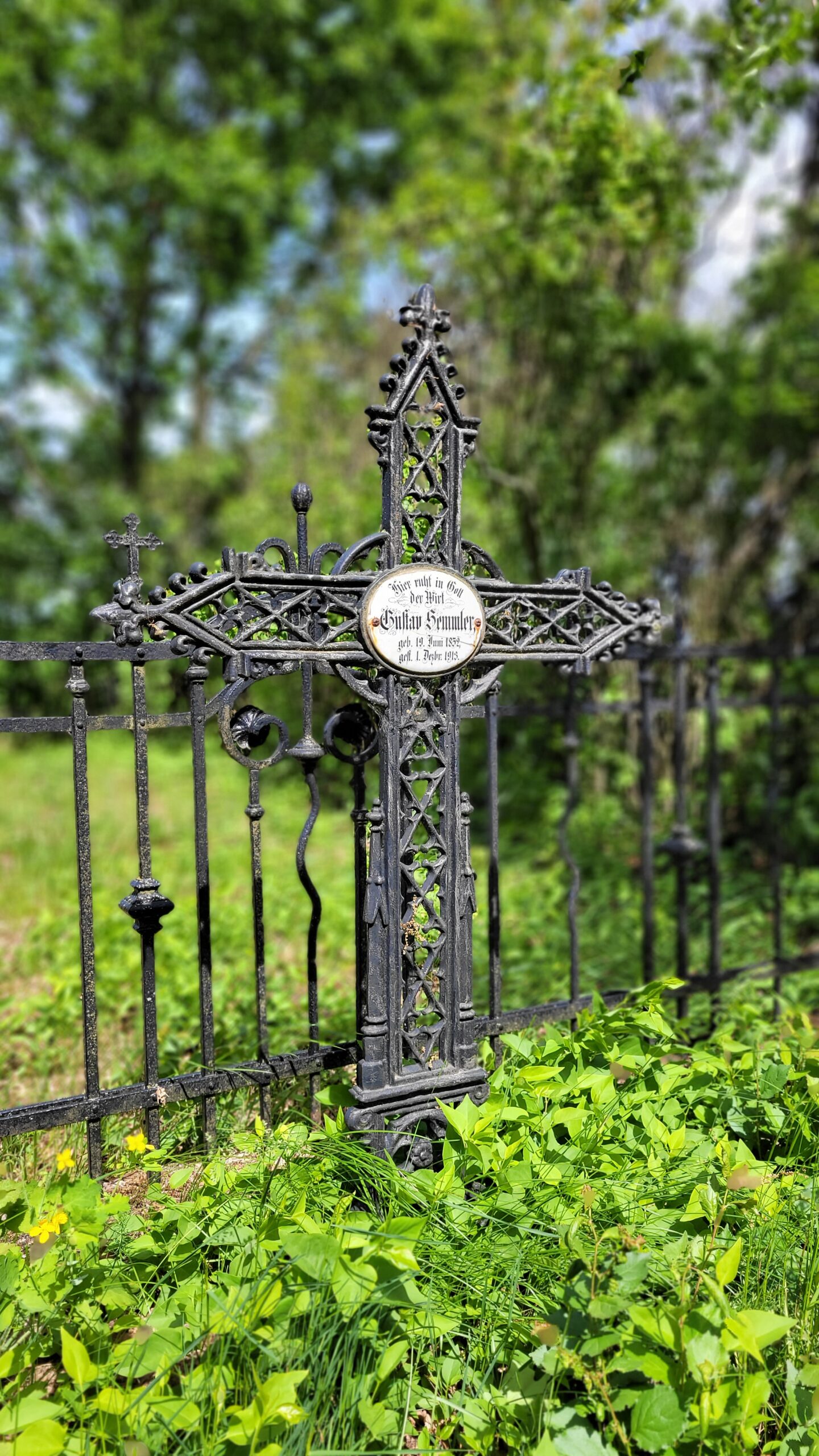 Kuty ozdobny krzyż na cmentarzu ewangelickim, zarośnięty grób otoczony metalowym płotkiem