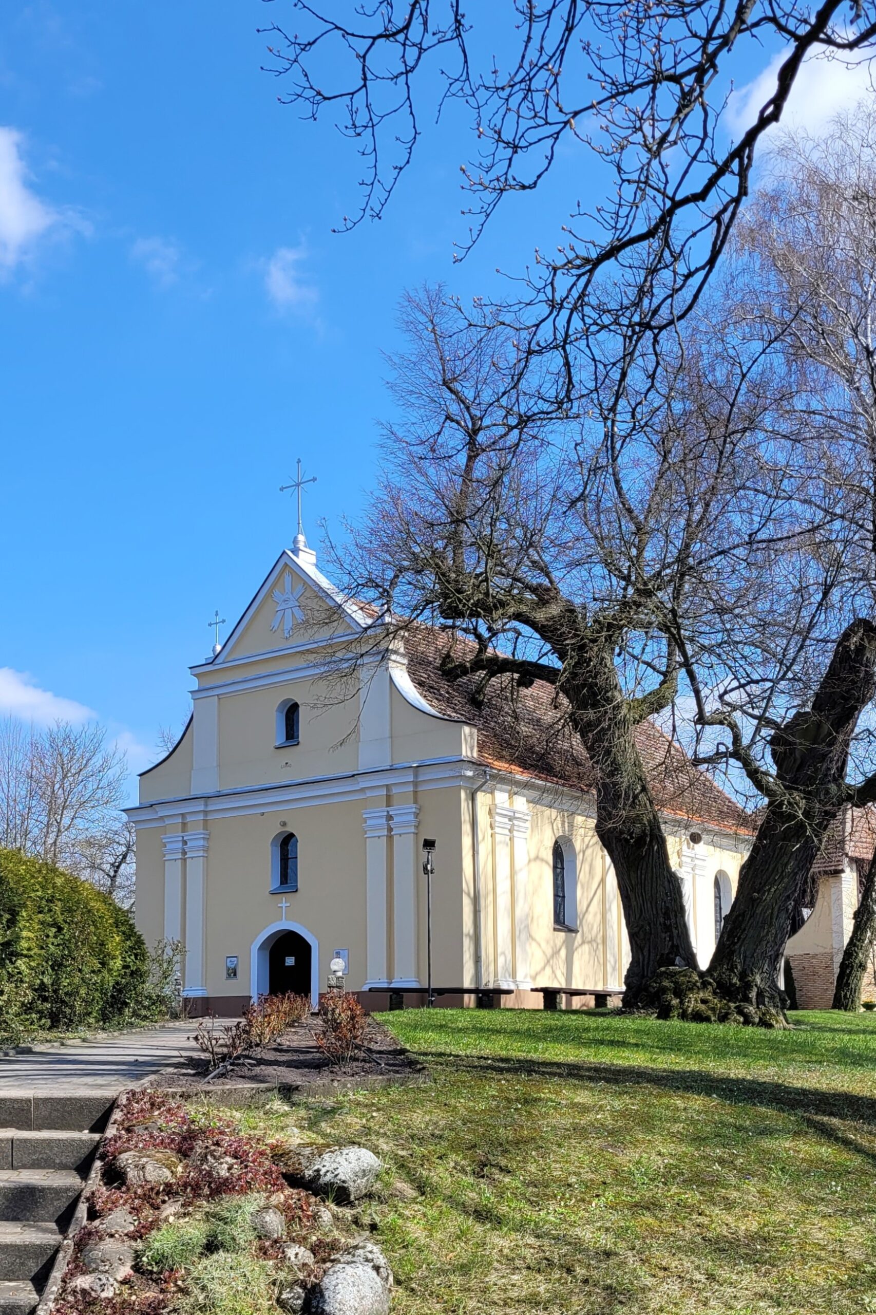 Barokowy kościół, obok drzewo, przedwiośnie